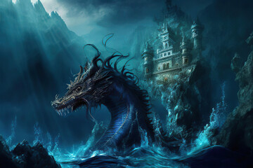 Giant underwater dragon coming out of water in the background of the castle standing on the rock and mountains, Generative AI