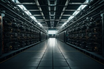 Bitcoin and others cryptocurrencies mining farm. GPU graphic cards rig for cryptocurrency mining.