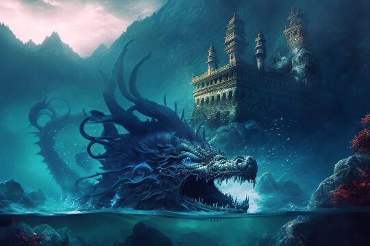 Giant blue underwater dragon coming out of water in the background of the castle and mountains, water monster, Generative AI