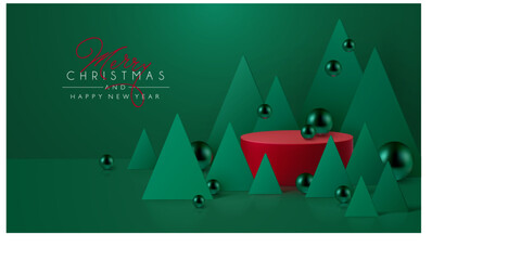 Realistic looking vector illustration with green paper Christmas trees and bright red podium decorated with green glass ornaments.