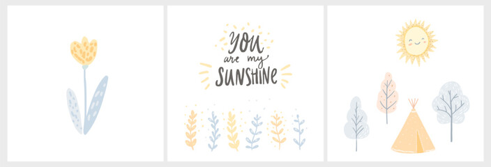 Warm nursery illustrations, you are my sunshine quote, little flower and tipi with trees and sun. Gende neutral vector posters. - 688017032