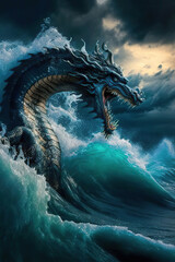 Blue water chinese dragon in the ocean waves in a storm, Year of the Dragon, vertical, Generative AI