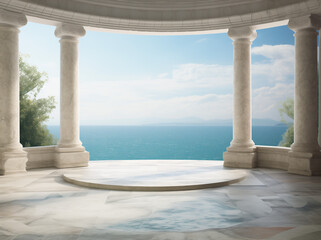 Fototapeta na wymiar White marble antique columns with a scenic sea view in the background. Mock up for montage and products display