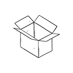 A hand-drawn doodle of an open cardboard box on a white background.
