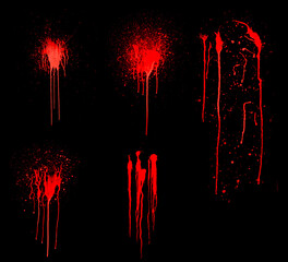 Overlay the blood effect. A collection of blood isolated on a black background. Blood elements as decoration to the design. Horror props
