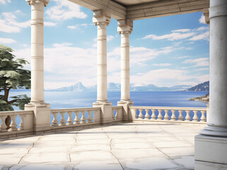 White marble antique columns with a scenic sea view in the background. Mock up for montage and products display