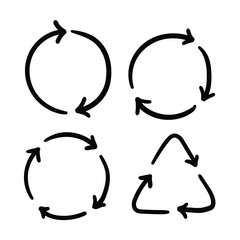 A hand-drawn doodle recycle set on a white background.