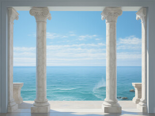 White marble antique columns with a scenic sea view in the background. Mock up for montage and products display