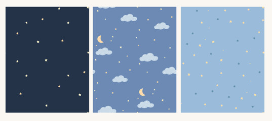 Blue sky backgrounds, stars, moon and cloud patterns, seamless texture for kids wallpaper, textile and paper design, flat vector simple graphics - 688017285