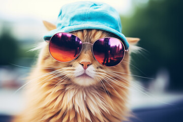 cat looking cool in sunglasses and a blue hat