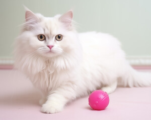 fluffy white cat with pink ball toy