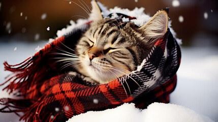 a cat wearing a checked scarf for the winter cold, out in the snow