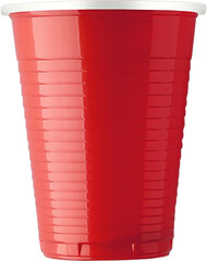 Close up view red plastic cup isolated on plain background.