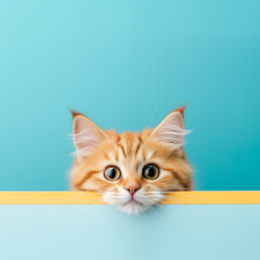 orange furred kitten with face peering over a wall, blue and yellow theme