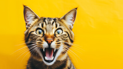 shocked tabby cat with open mouth on yellow background