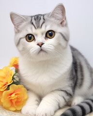 Fototapeta na wymiar young round faced kitten sitting with yellow flowers