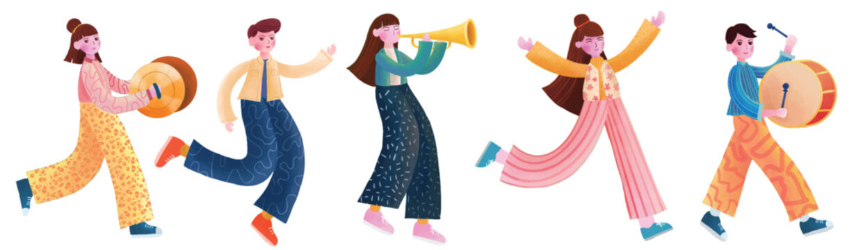 vector collection of people playing music and dancing. marching band. party