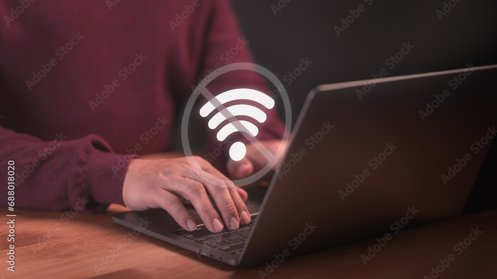 Poster User using a laptop computer to connect to wifi but wifi not connected or password is incorrect and waiting to loading digital data form website. Technology concept of wifi connected but no internet.