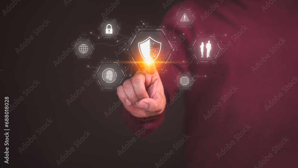 Poster user hand touch the shield security icon for security protection system on virtual screen. secure ac