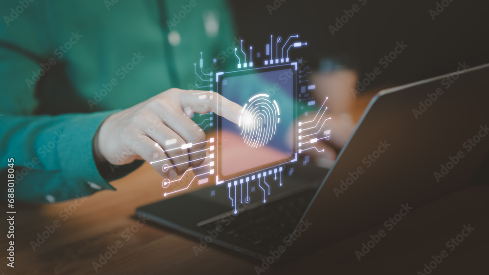Poster User man login with fingerprint scanning technology in the computer laptop. Secure encryption and access to the user's private information to access the internet.