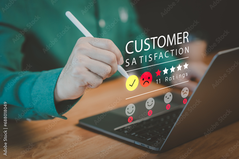 Aufkleber Member use a laptop give angry emotion face on virtual screen for feedback review satisfaction service opinion and testimonial on application. Online customer review satisfaction feedback survey.