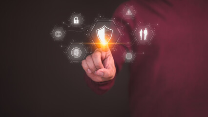 User hand touch the shield security icon for security protection system on virtual screen. Secure access system concept. Quality assurance of business service, Certified guarantee approval.