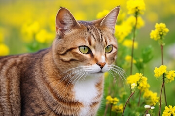 Naklejka na ściany i meble kitty exploring the yellow wildflower meadow