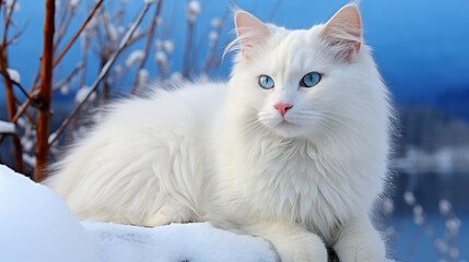 fluffy white cat with blue eyes sitting in the snow