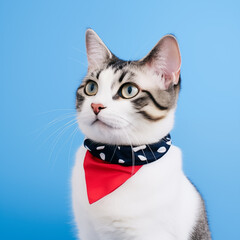 fashionable cat wearing a red and navy blue bandana around its neck, blue background