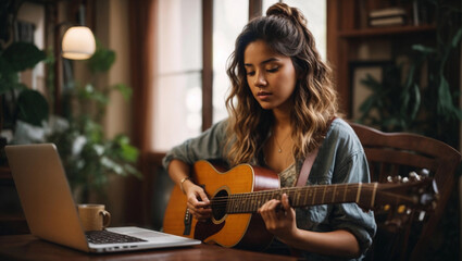 Young woman take lesson learning guitar from online course on laptop in her home - obrazy, fototapety, plakaty