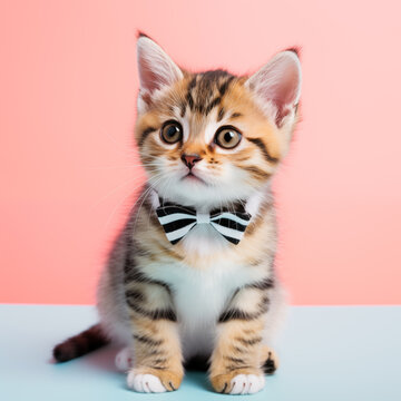 kitten in striped bowtie against muted pale pink background 