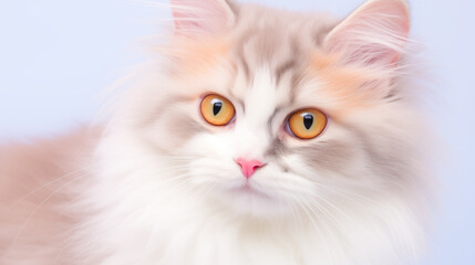 close up of a long haired cats face, large orange eyes, pink nose