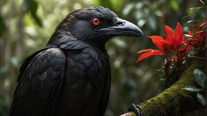 black red-eyed crow on a tree branch in the forest background photo