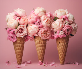 Bouquet of roses intead of ice cream. Pink flowers.