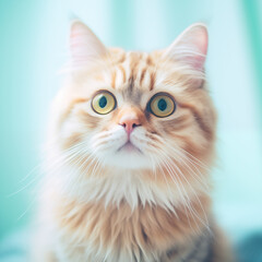 Naklejka na ściany i meble wide eyed young fluffy cat on soft pale blue background