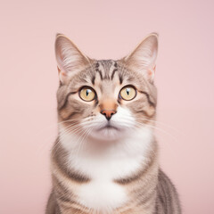 tabby cat staring ahead on pale pink backgorund