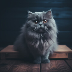 Fototapeta premium fluffy long haired dark gray cat sitting on wooden table, dark and eerie themed