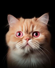 pink eyed flat faced ginger cat on black background close up looking forward