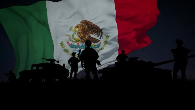 Silhouette of a Group of Soldiers and the Mexico Flag Waving in the Background. Looped.