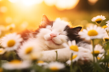 really happy kitten laying in a bed of daisy flowers in the sunset