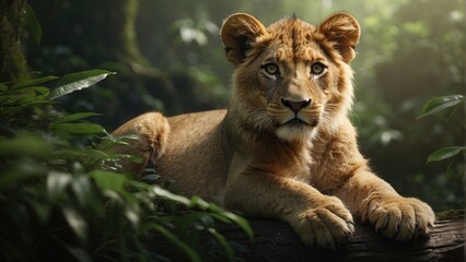 portrait of a lion cub in a jungle background photo