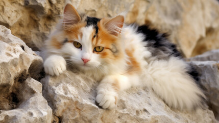 Naklejka na ściany i meble long haired calico cat laying on the rocky cliff face