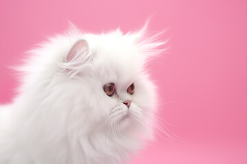 long haired fluffy white persian cat on plain pink background side ways view