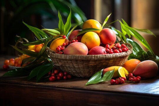 A detailed view of freshly harvested Icaco fruits presented in a vintage wooden bowl on a sunny kitchen countertop