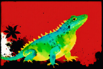 A colorful painting of a lizard on abstract watercolor background. Watercolor painting of the chameleon. Generative AI