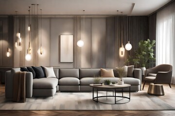 A modern living room with a muted color palette and ambient lighting