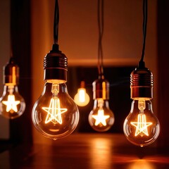 Glowing lightbulbs with star symbols, symbolizing bright future with successful hopes and dreams