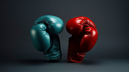 pair of boxing gloves, one red and one blue, facing each other on a solid gray background, creating a sense of competition, ai generative - obrazy, fototapety, plakaty