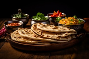 A tempting image of homemade Indian Roti bread served with an array of vibrant curries