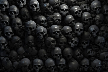 pile of skulls in various sizes and shades of gray, set against a stark black background, ai generative
